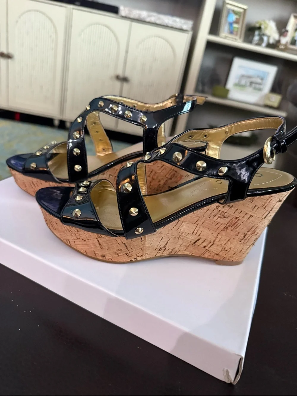 Guess Black Patent Studded Cork Wedge Sandals